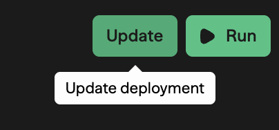 Barra de ferramentas do workflow builder mostrando os botões Update e Run com um tooltip Update deployment