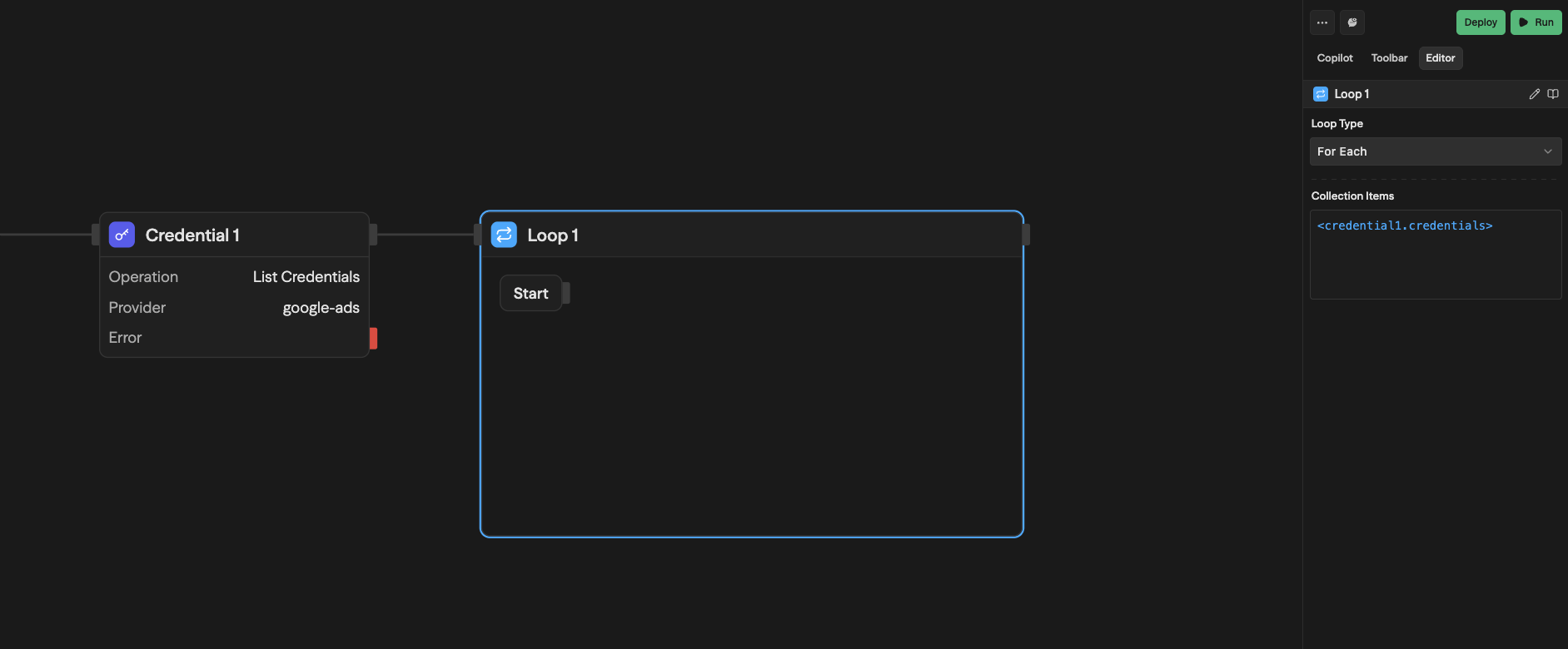 Credential List conectado a um ForEach Loop
