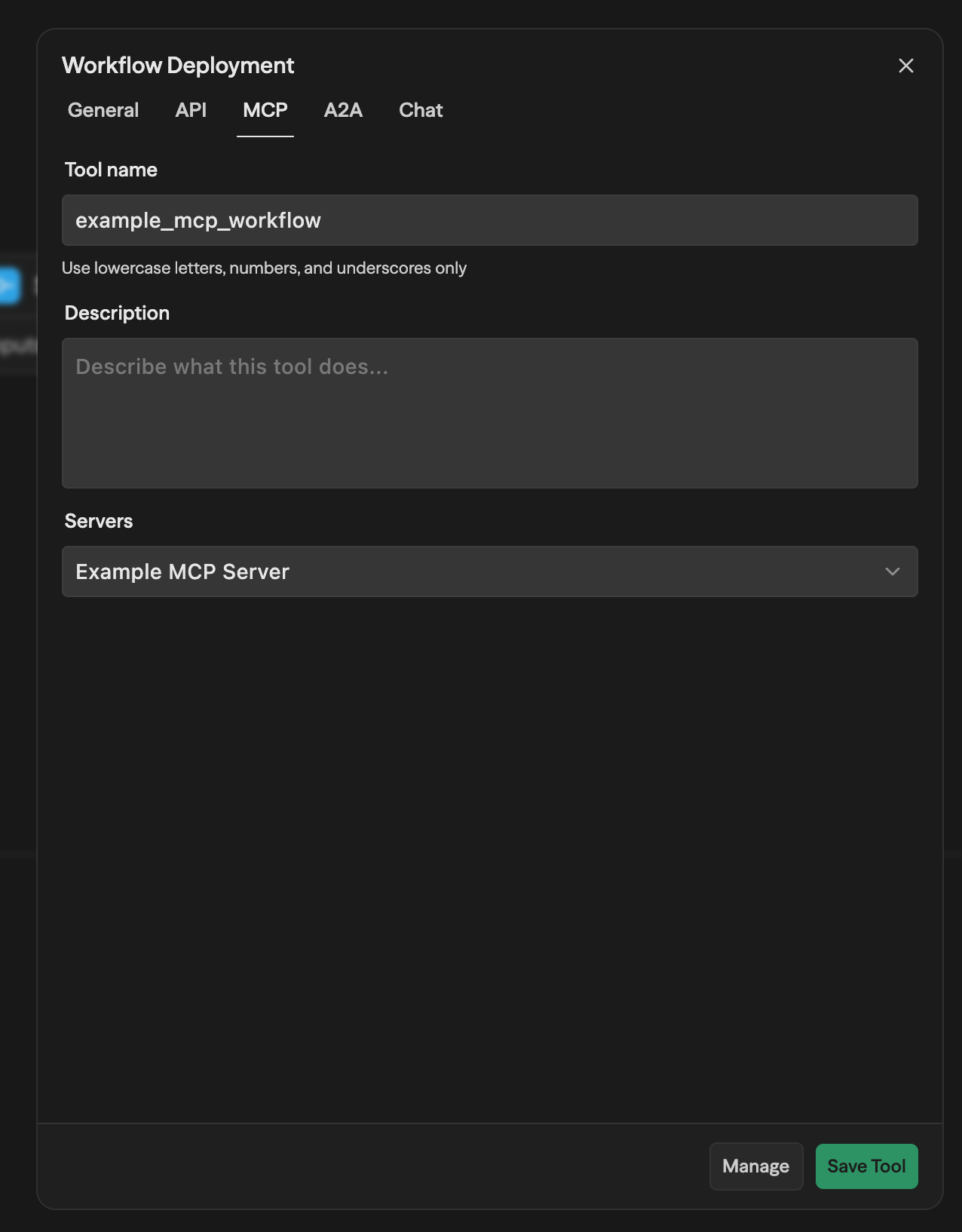 Aba MCP do modal Workflow Deployment