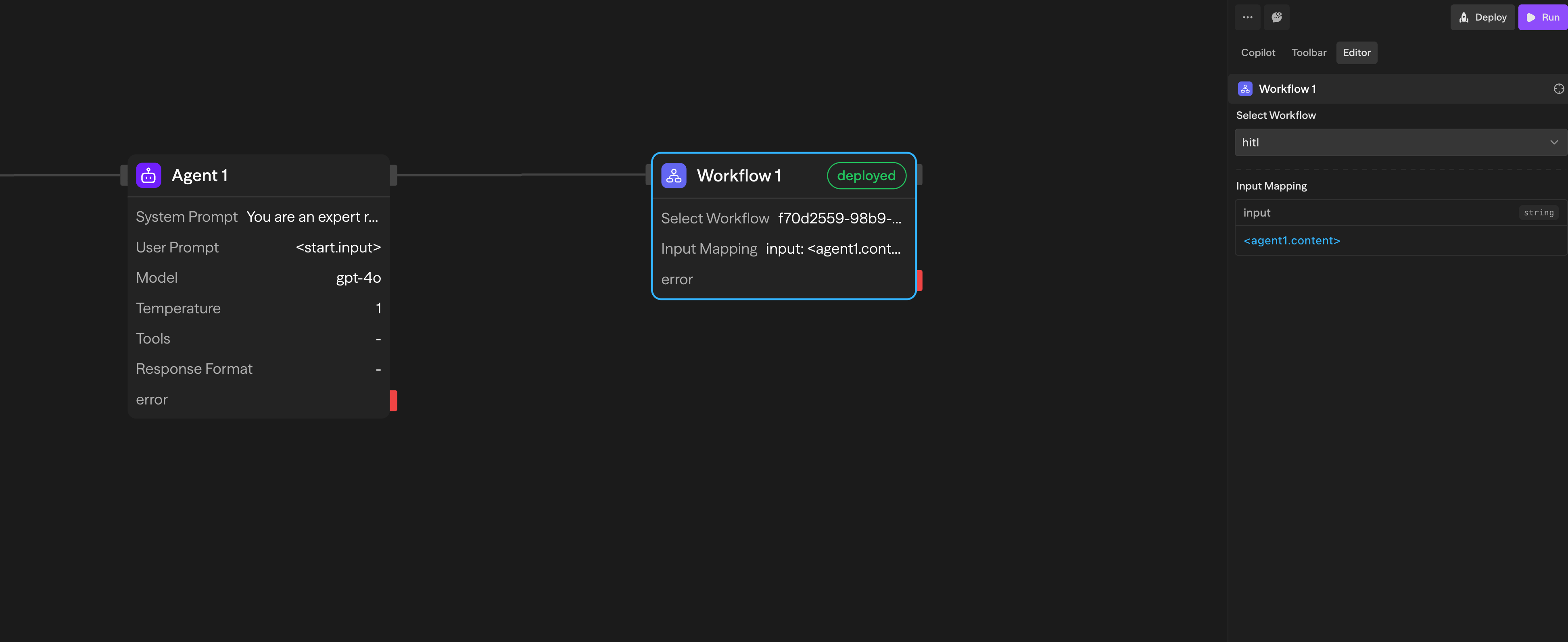 Bloco Workflow com exemplo de mapeamento de entradas