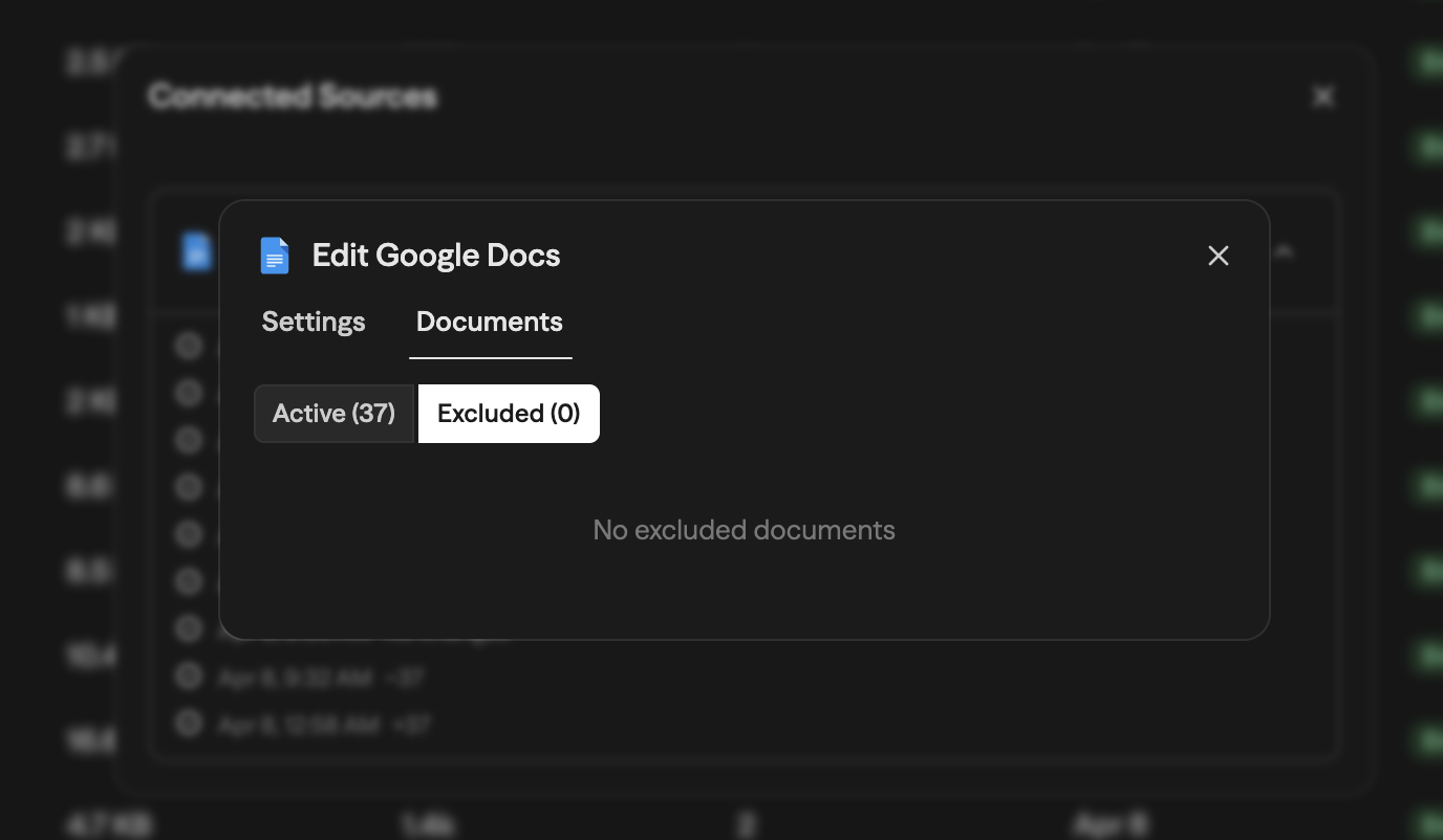Painel Connected Sources mostrando um connector do Google Docs com status Active, detalhes da última sincronização e um histórico de sincronizações com entradas datadas