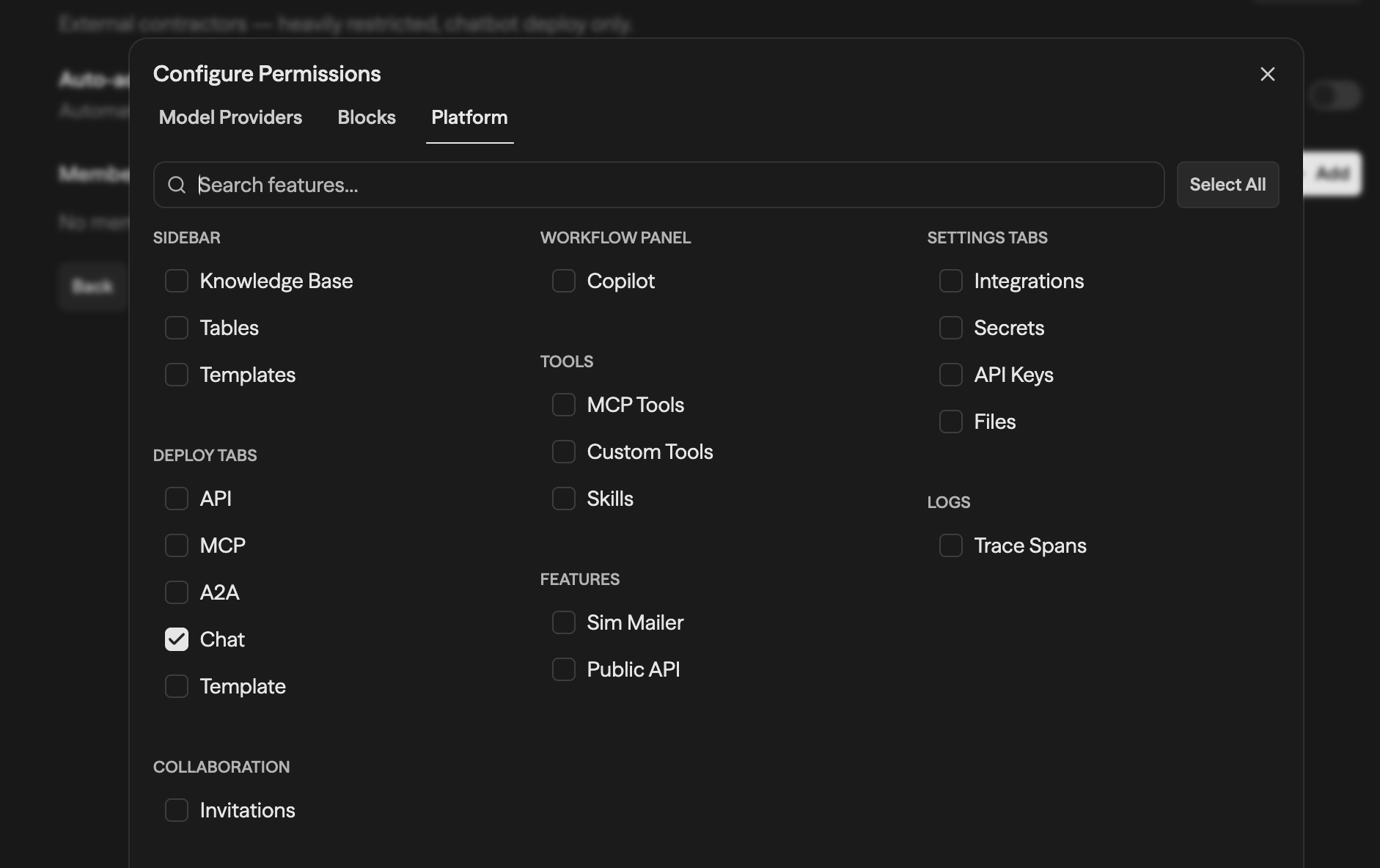 Aba Platform mostrando os controles de recursos agrupados por categoria: Sidebar (Knowledge Base, Tables), Workflow Panel (Chat), Settings Tabs, Tools, Deploy Tabs, Features, Logs e Collaboration