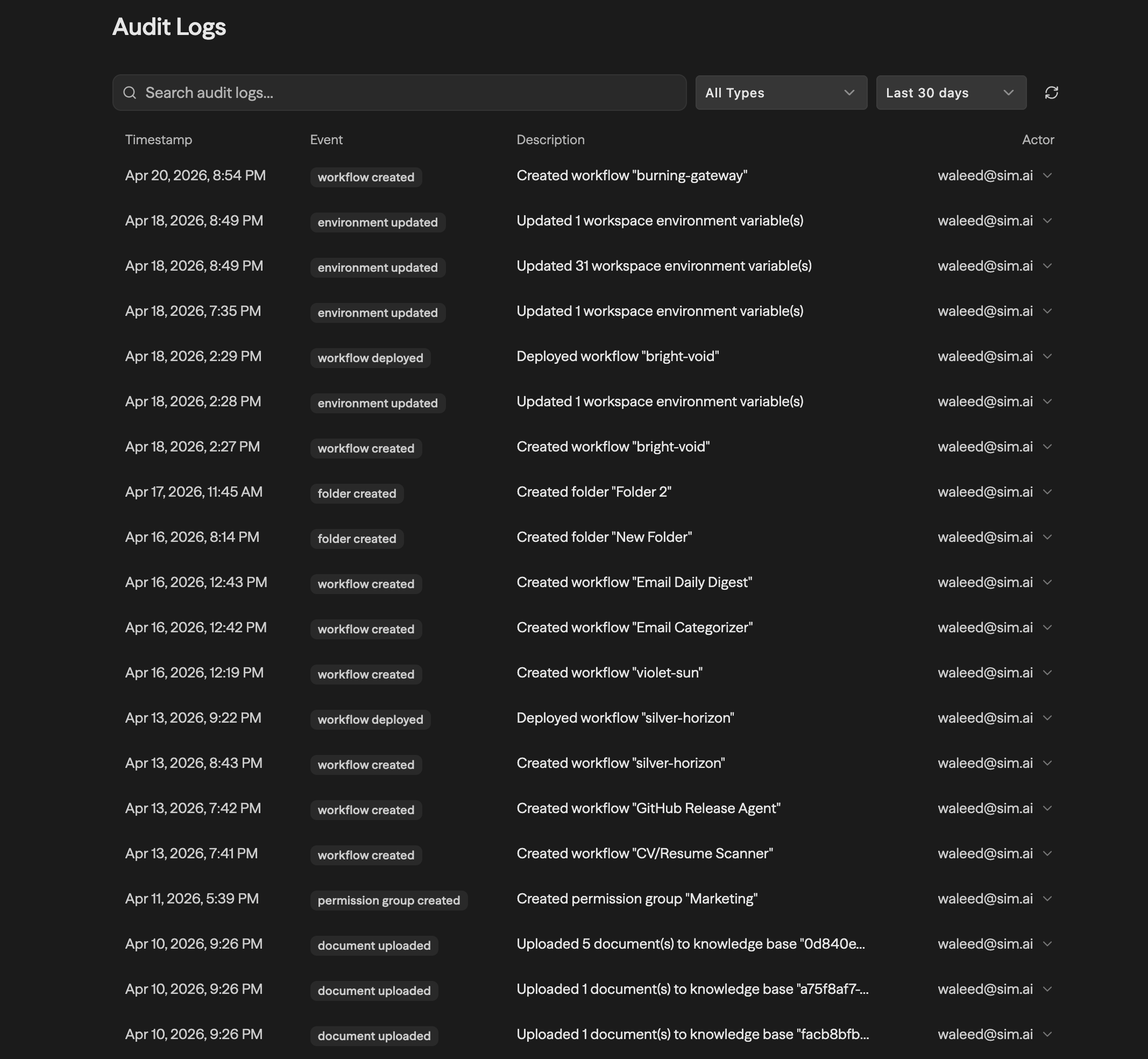 Configurações de Audit Logs mostrando uma tabela de eventos com as colunas Timestamp, Event, Description e Actor, além dos controles de busca e filtro
