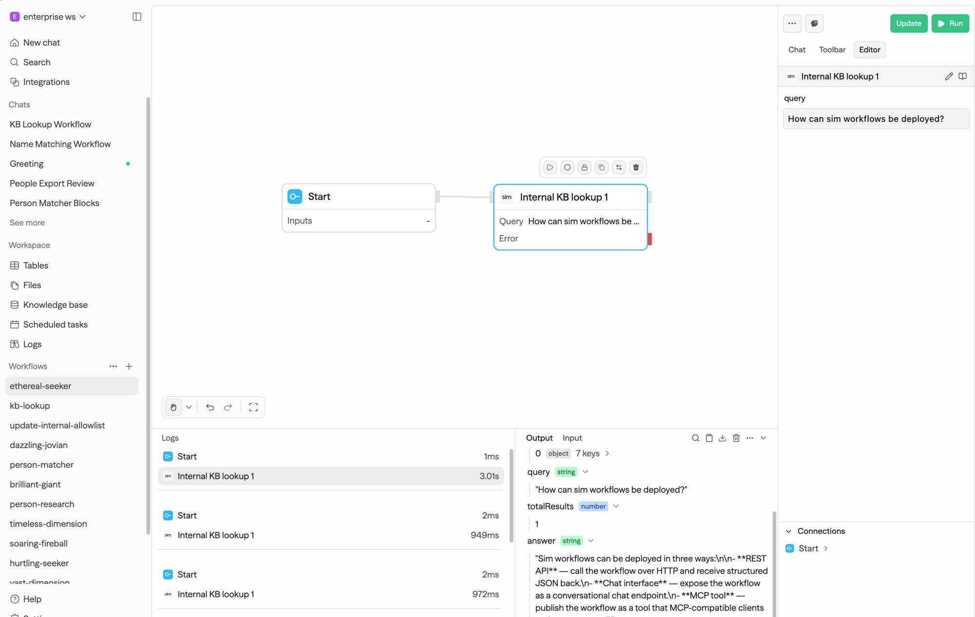 Um block personalizado conectado a um block Start no editor de workflow, com a entrada de consulta preenchida e a saída da execução mostrando os campos retornados