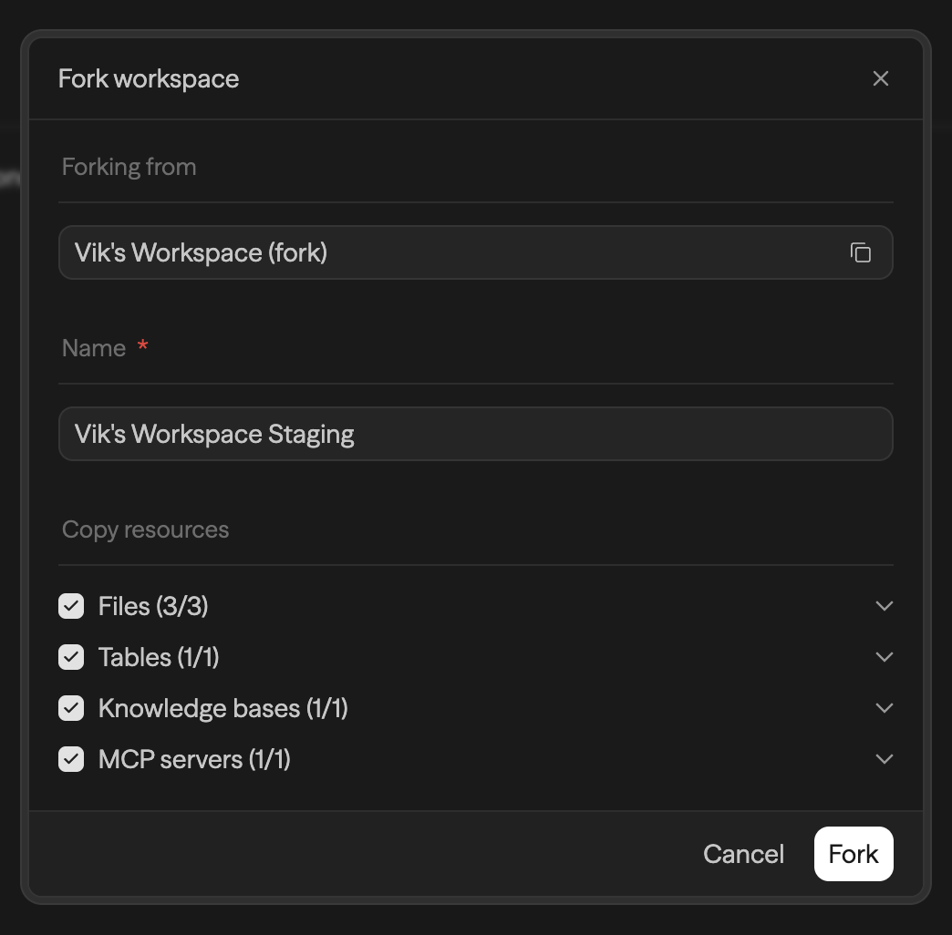 Modal de fork de workspace com o campo de nome e a lista Copy resources totalmente selecionada