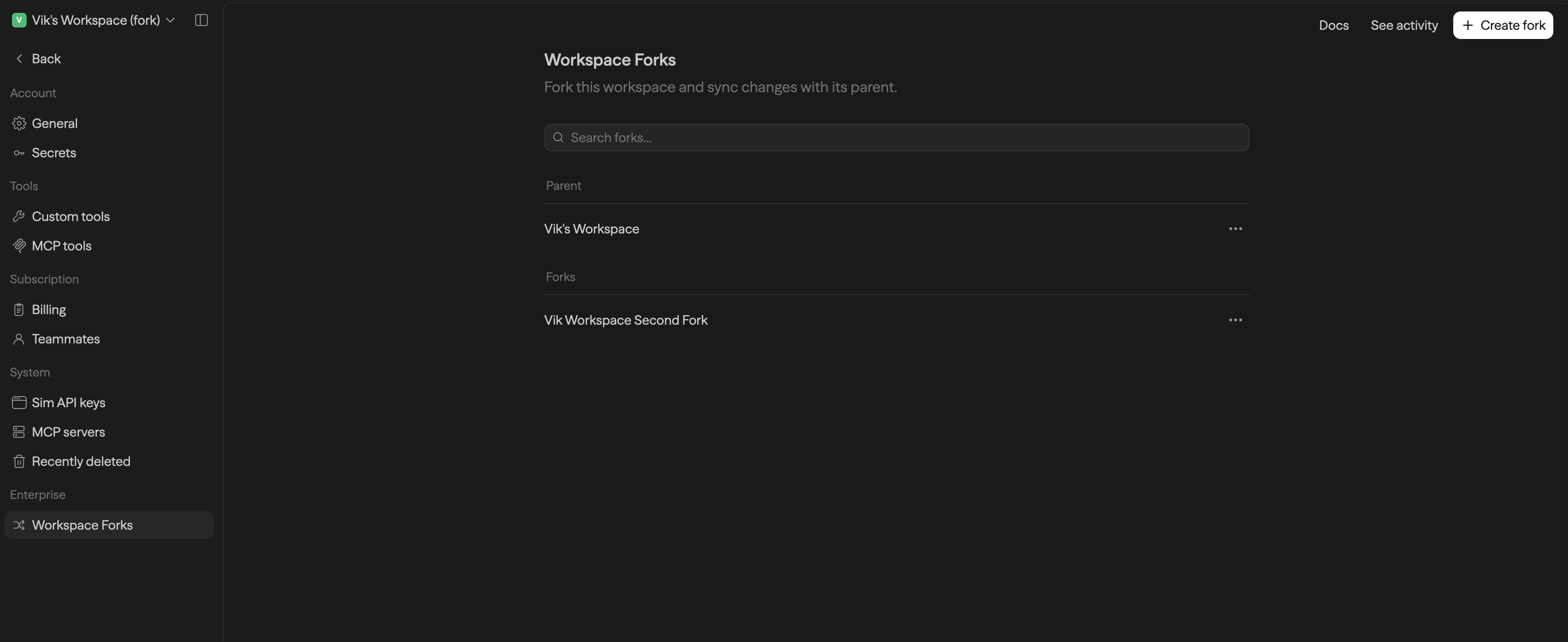 Página de configurações de Workspace Forks mostrando as seções Parent e Forks com as ações Docs, See activity e Create fork
