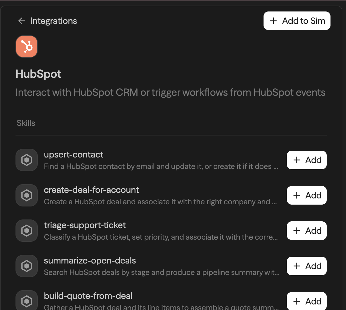 A service page (HubSpot) with its skills, templates, and the Add to Studio button