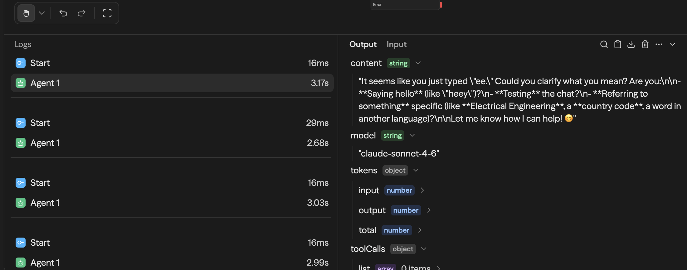 O console de execução do editor: blocks com suas durações à esquerda e a aba Output do Agent selecionado mostrando content, model e tokens em uma árvore tipada