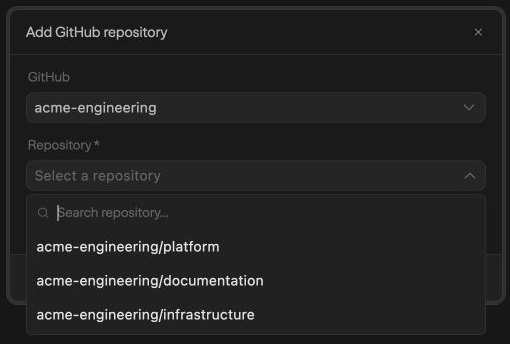 Searchable repository picker for the connected GitHub account