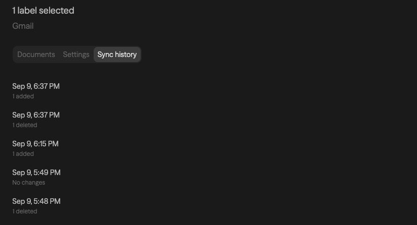 Gmail Sync history showing run dates and document additions, deletions, or no changes