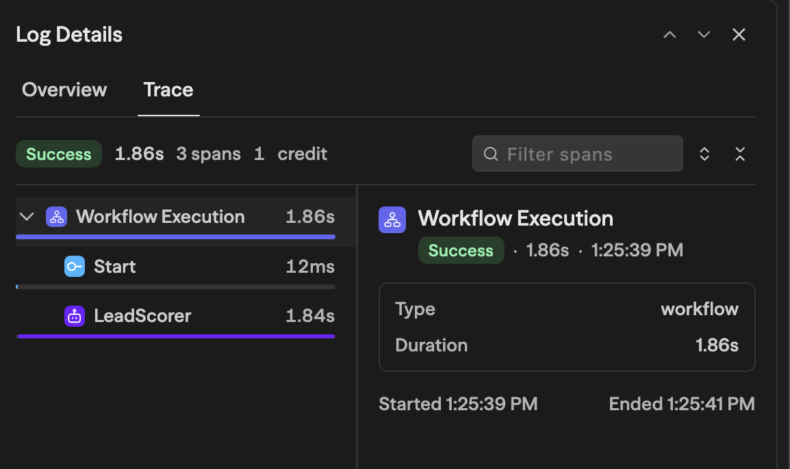 O trace de Log Details da execução de uma linha: Workflow Execution em 1.86s com os spans Start e LeadScorer, marcada como Success