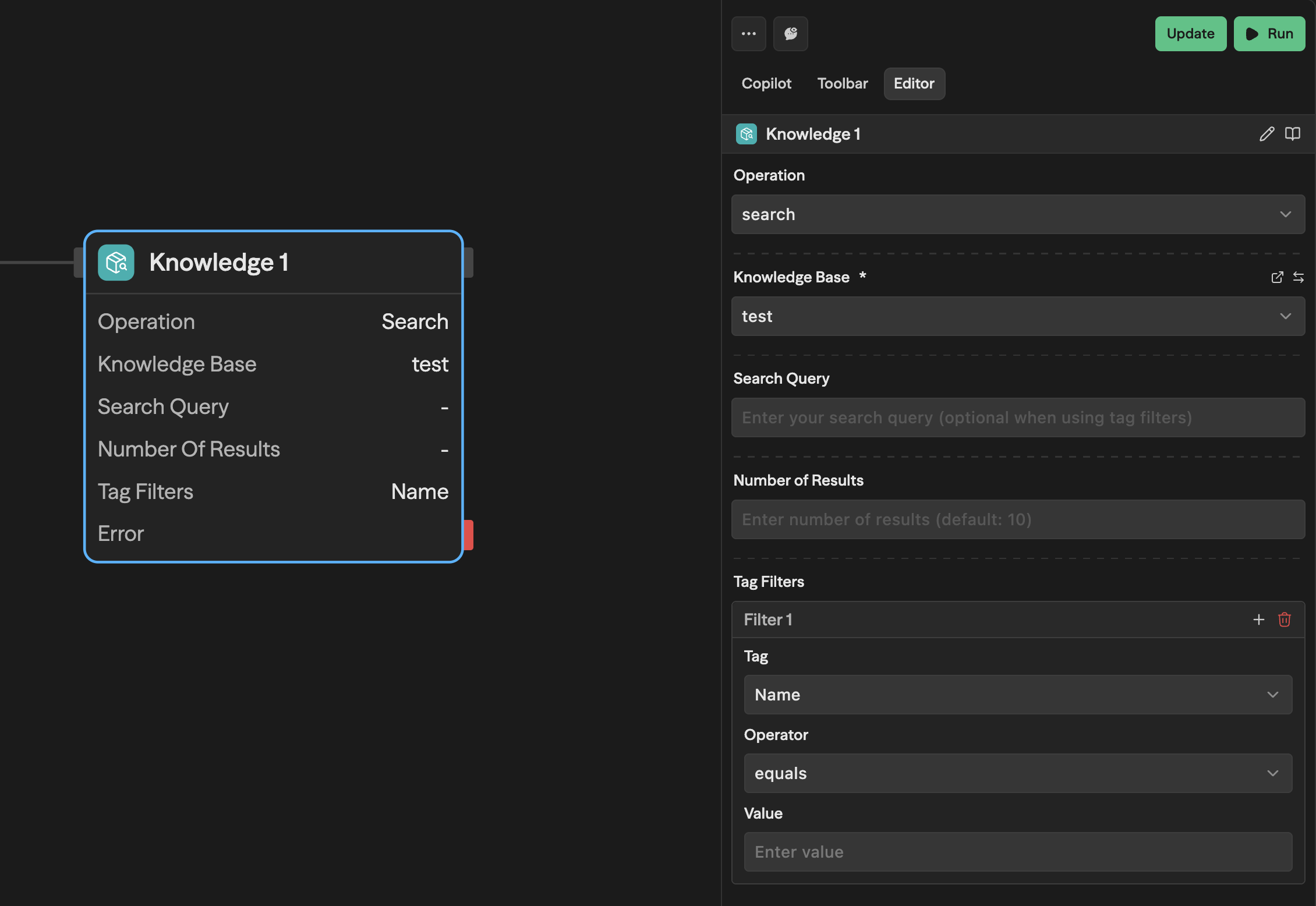Editor do bloco Knowledge mostrando Operation: search, Knowledge Base: test, o campo Search Query (opcional), Number of Results e uma seção Tag Filters com o Filter 1 contendo Tag: Name, Operator: equals e um campo Value